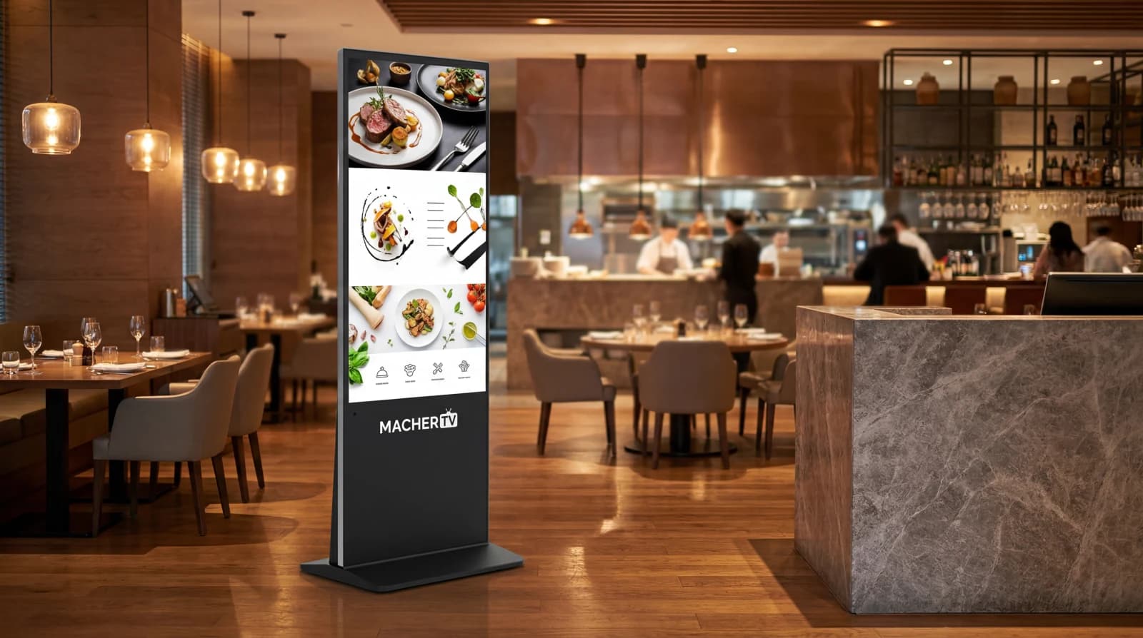 Digital Infostele as a menu board in a restaurant with food presentation