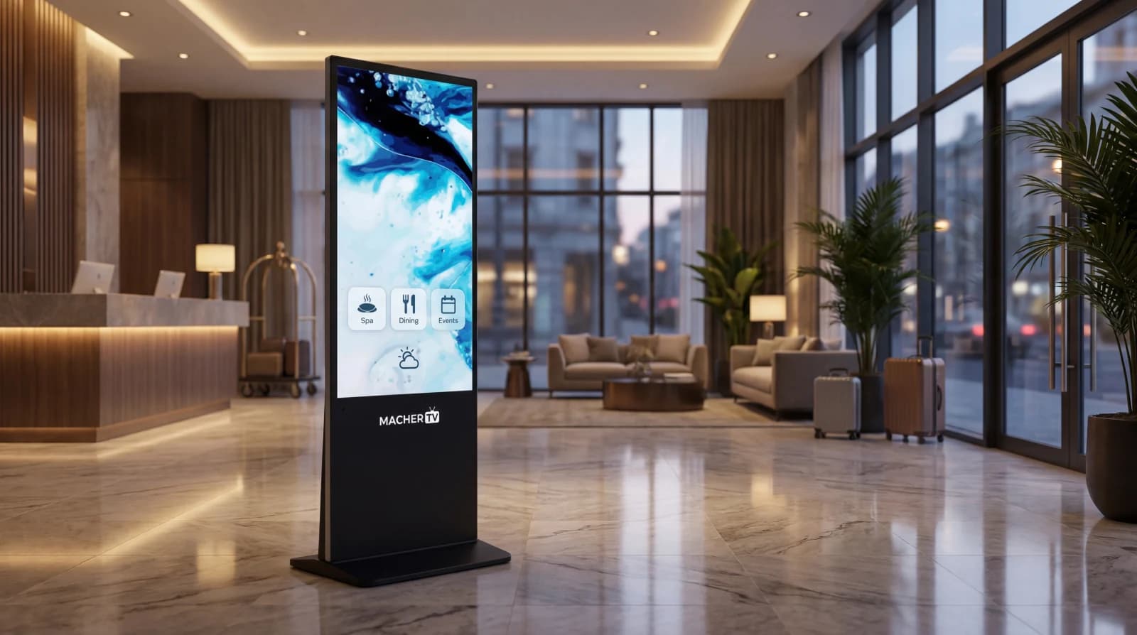 MacherTV Infostele in a hotel lobby with spa, dining and event information