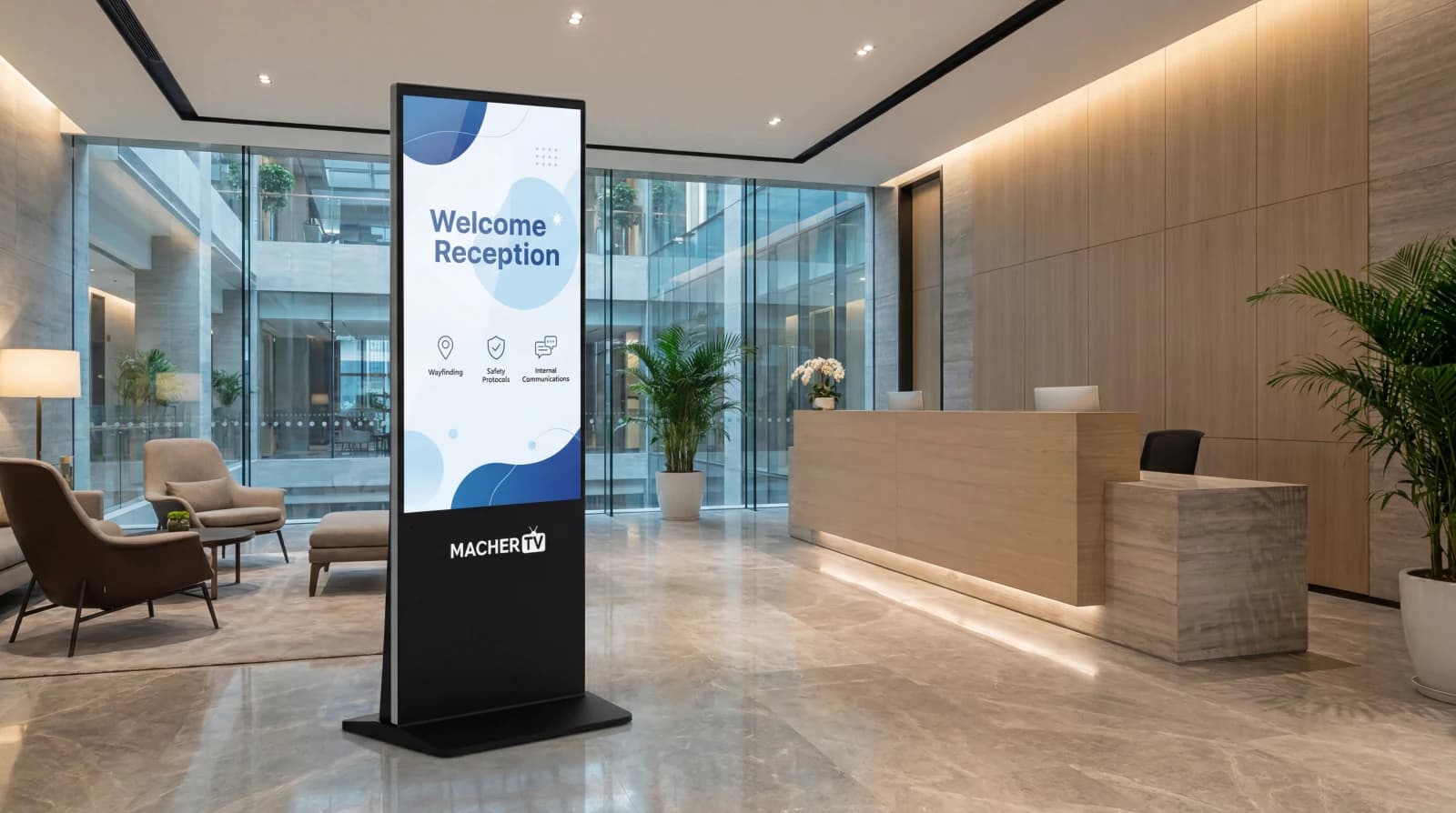 MacherTV Infostele in the welcome reception area of a modern office building
