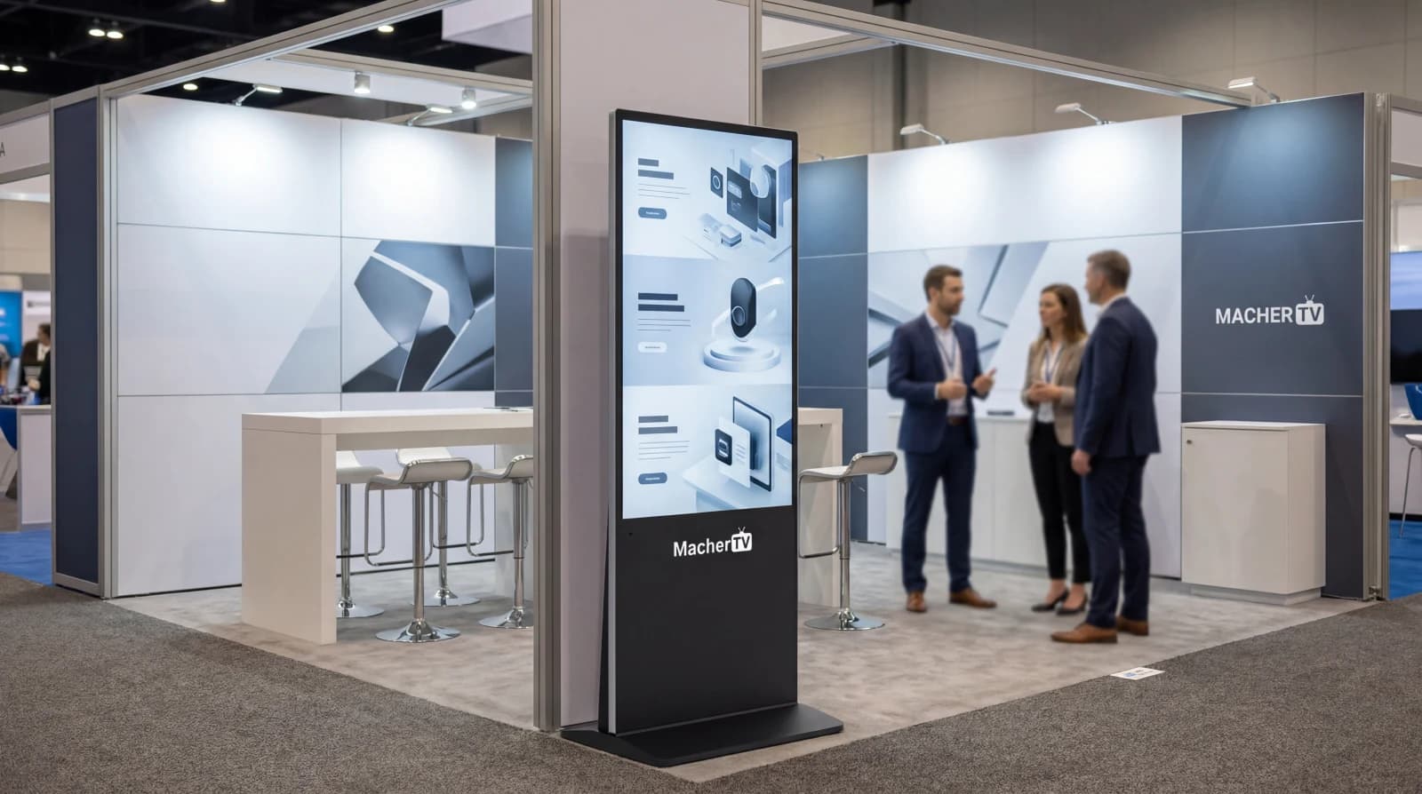 MacherTV Infostele at a trade show booth with product showcase and business consultation