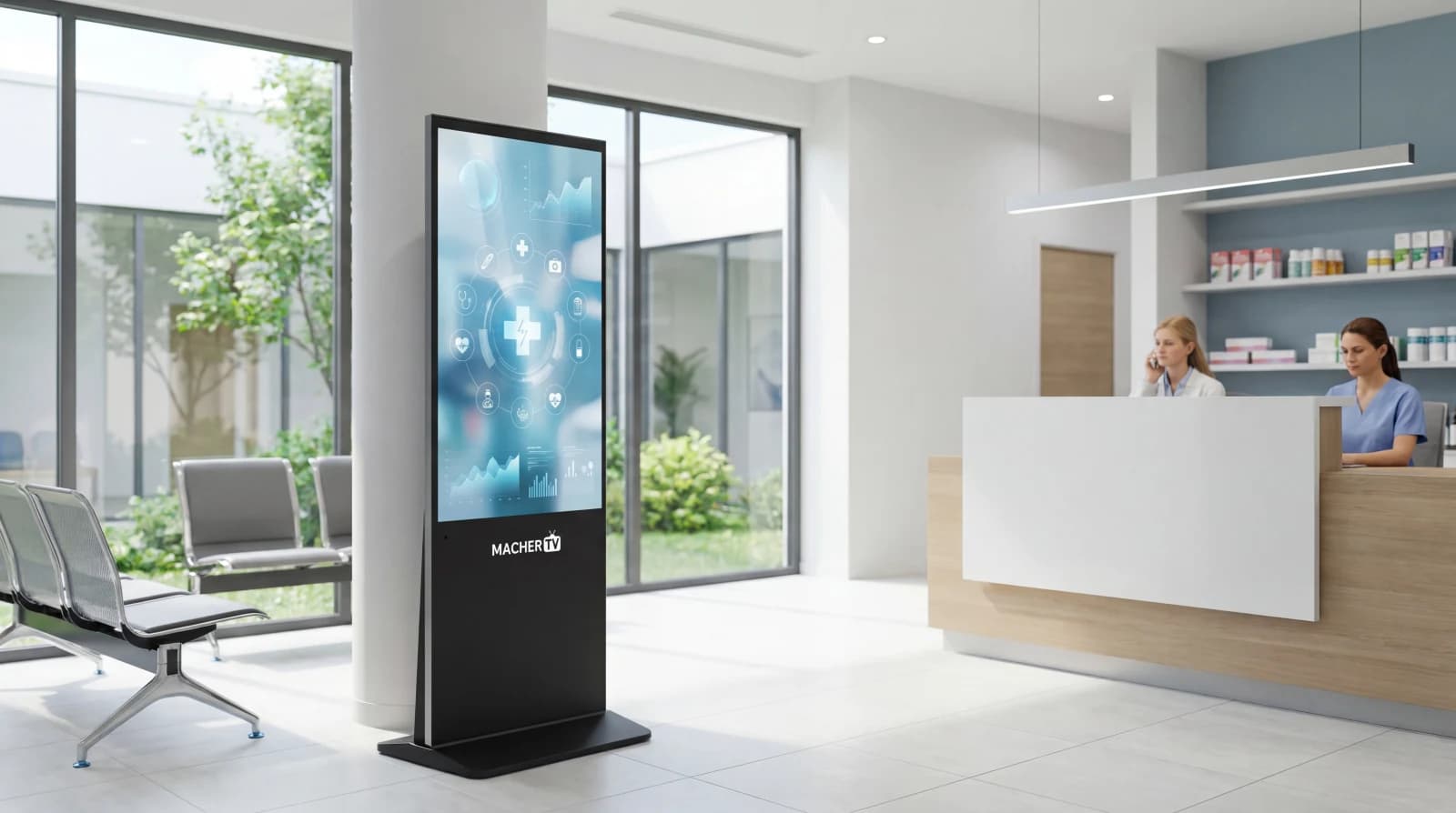 MacherTV Infostele in a medical practice waiting zone with healthcare content
