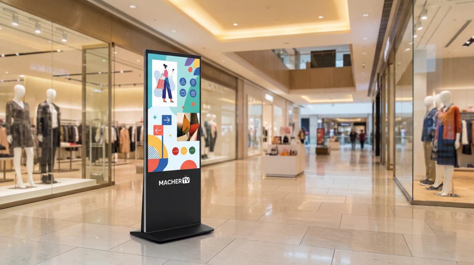 MacherTV digital Infostele in a shopping mall with promotional content