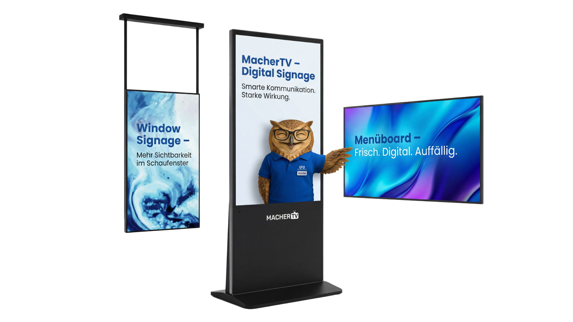 MacherTV Digital Signage Standsäule mit Window-Display und Menüboard im Einzelhandel-Setting